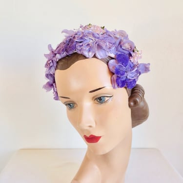 1960's Lavender Violet Purple Floral Fascinator Hat Silk and Velvet Flowers 50's 60's Spring Summer Millinery Bridal Wedding 