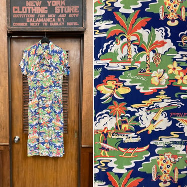 Vintage 1940’s Cartoon Tropical Tiki Silky Rayon Hawaiian Dress, Rayon Dress, Vintage Hawaiian, Tiki Dress, Hostess Dress, Tropical Dress 