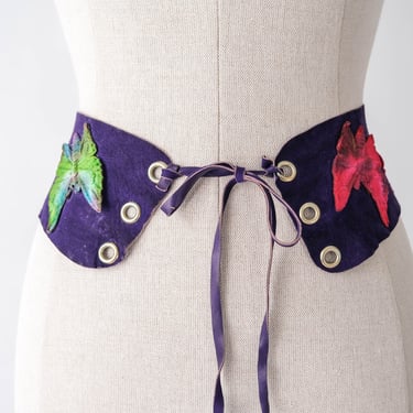 Vintage 60s Purple Suede Corset Belt w/ Hand Painted Tie Dye Leather Butterfly Applique | 100% Genuine Leather | 1960s 1970s Corset Belt 