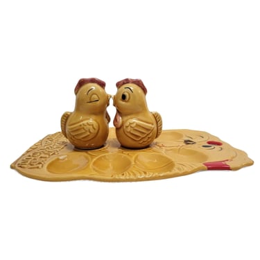 1960s Vintage Rooster Deviled Egg Tray S&P Shaker Set, Ceramic Plate, Hen Chicken Salt n Pepper Shakers, 1970s Farmhouse Cottage Kitchen 