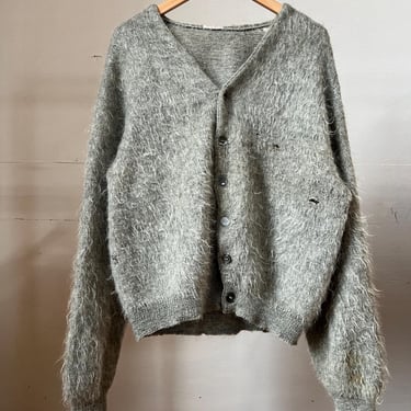 L, Vintage 1960s 1950s Grey Shaggy Mohair Cardgian, Thrashed, As Is 