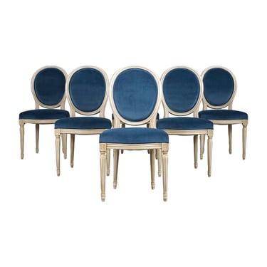 French Louis XVI Style Painted Dining Chairs W/ Dark Blue Velvet - Set of 6 