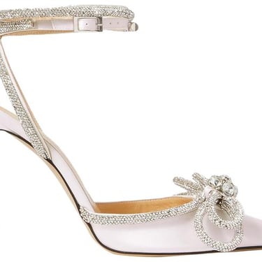 MACH &amp; MACH White Double Bow Crystal-embellished Silk-satin Point-toe Pumps