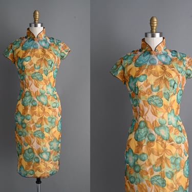 1950s vintage dress |  Gorgeous Floral Chiffon Cheongsam Dress | Small | 