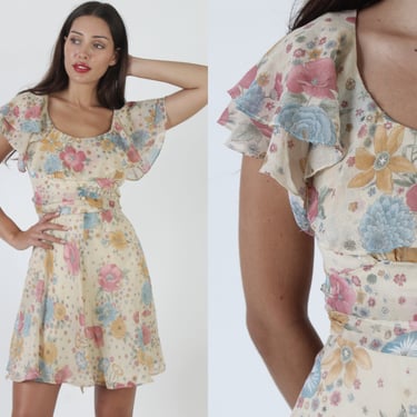 Vintage 70s Romantic Garden Floral Dress, Rose Print Prairie Lawn Sundress, Lightweight Summer Picnic Outfit 