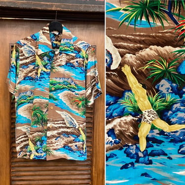 Vintage 1950’s “Pali” Label Net Fisherman Crepe Hawaiian Shirt, 50’s Crepe Shirt, Vintage Hawaiian Shirt, Vintage Clothing 