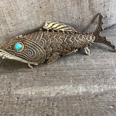 Chinese Gilt Silver Fish Pendant, Koi, Vinaigrette Pendant, Articulated, Persian Turquoise, Antique, KH 