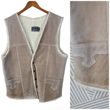 Vintage Leather Sherpa Lined Vest Men's 44 Suede Western Rodeo Rancher Men Tan 