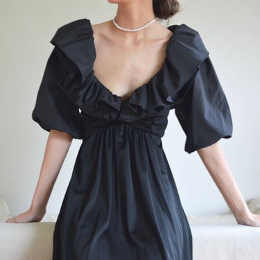 ruffle neck balloon sleeve 70s black maxi dress 