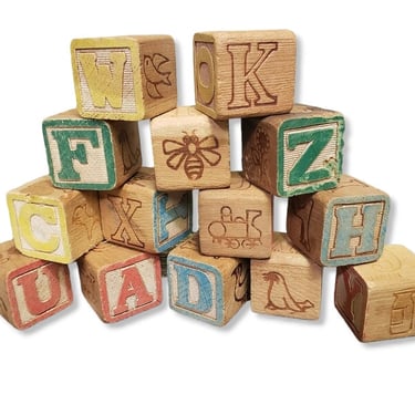 Vintage Alphabet ABC Blocks, Childs Learning Wooden Toy Blocks, Capital Letters Square Toddler Childrens Building Blocks, Japan Vintage Toys 