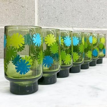 Vintage Libbey Drinking Glasses Retro 1960s Mid Century Modern + Green and Blue + Daisy Print + Set of 7 + RARE + Water Tumblers + Drinking 