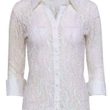 Anne Fontaine - White Embroidered Lace Sheer Button Down Shirt Sz M