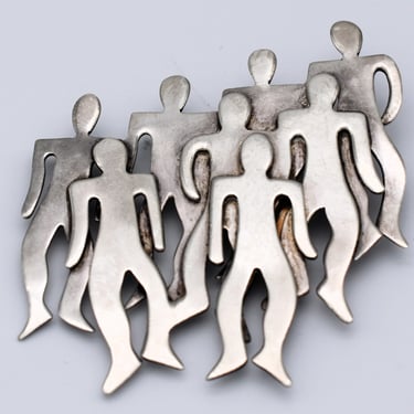 Big 80's Taxco 925 silver anonymous crowd brooch, edgy Mexico TH-58 Modernist sterling people pin 