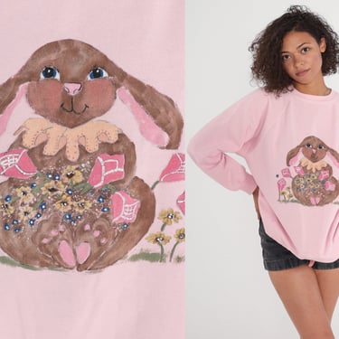 Bunny Sweatshirt 90s Baby Pink Glitter Rabbit Sweater Floral Graphic Cute Girly Kawaii Easter Raglan Sleeve Pastel Vintage 1990s Large L 