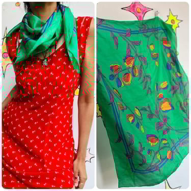 Vintage Green Silk Floral Scarf – Fairy Boho Pirate Grunge – Romantic – 29” Square 
