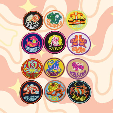 Astrology Patches - 1970s 70s Retro Style Star Sign Horoscope Iron On Patch for Crafting Projects Denim Jackets Hats Backpacks 