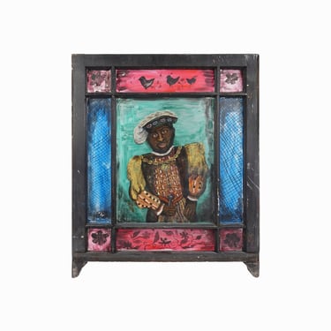 M. Sheehan Folk Art Painting on Glass Window African American Man Portrait 