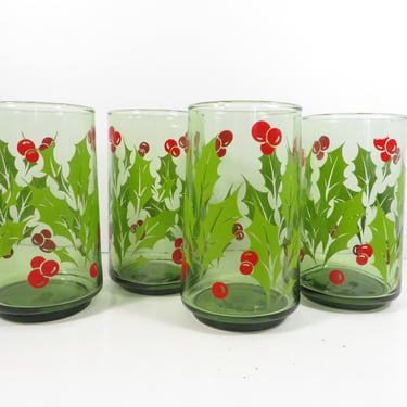 Vintage Christmas Holly Tumbler Glassware - Set of Four Holly Berry Avocado Green Glasses Tumblers 