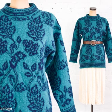 1980s Green & Navy Floral Wool Sweater | 80s Turquoise Flower Wool Sweater | Laura Ashley | Medium Large 