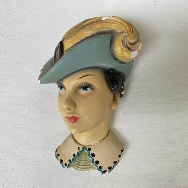 Vintage Lady Wall Mask, Pretty Chalkware Woman Face With Hat, Ardco #724, Made In Italy, Feather In Cap, Chippy 