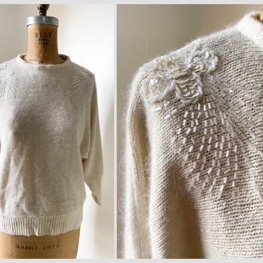 ニット+セーター circa 1980&#39;s VINTAGE Bijou Angora Knit Vintage 1980s Ivory Angora Cardigan and Pullover Sweater Set