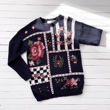 cottagecore sweater 90s vintage navy blue pink floral embroidered sweater 