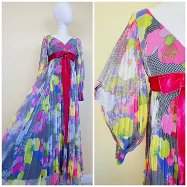 1960s Vintage Chiffon Checkered Pleated Maxi Gown / 60s Velvet Bow Empire Waist Sheer Romantic Sleeve Flower Power Dress / Small 