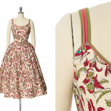 Vintage 1950s Sundress | 50s Floral Paisley Printed Cotton Spaghetti Strap Full Skirt Midi Day Dress (small) 