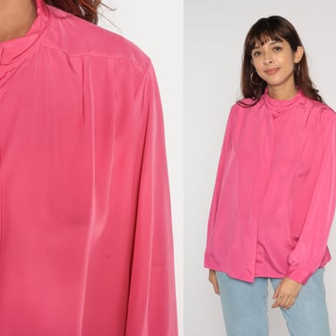 Hot Pink Blouse Y2k Hidden Button Up Shirt Retro Plain Simple Long Balloon Sleeve Top Minimalist Preppy Basic Modest Vintage 1990s Large L 