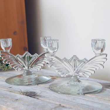 Vintage cut glass double candle holder / crystal glass art deco candlestick holders / table centerpiece / cottage lighting / retro candles 