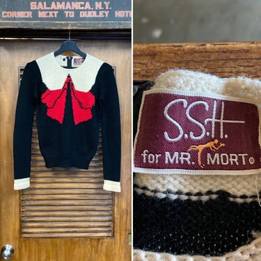 Vintage 1960’s “Mr. Mort” Trompe L’Oeil Ribbon Bow Wool Mod Intarsia Sweater, 60’s Vintage Clothing 