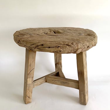 Antique Rustic Wood Wheel Side Table 