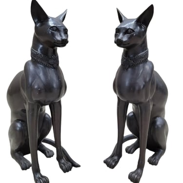 Vintage French Art Deco Style Bronze Egyptian Revival Cat Guardian Statues, Signed A. Tiot- Pair