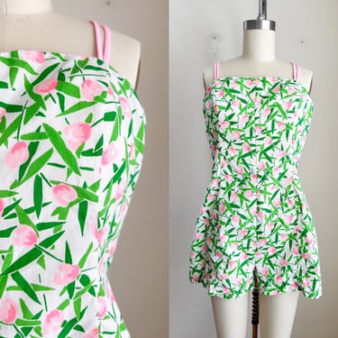 Vintage 1970s Green & Pink Playsuit Romper / M 