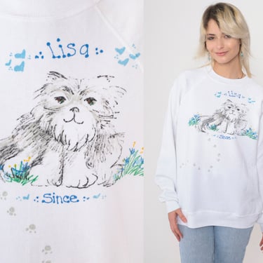 Hand Painted Cat Sweatshirt Lisa White Kitten Sweater 90s Animal Vintage Raglan Sleeve 1990s Graphic Novelty Print Hanes Medium 