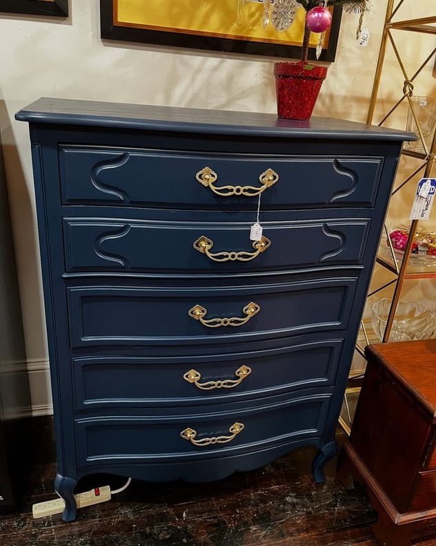 5 drawer blue painted chest by Drexel. 38” x 20” x 48” 