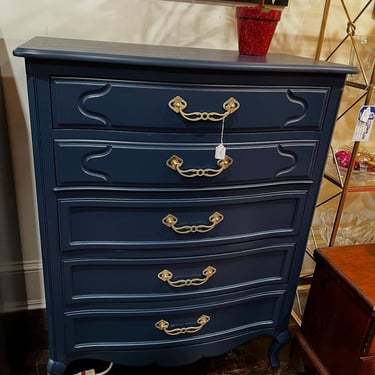 5 drawer blue painted chest by Drexel. 38” x 20” x 48” 