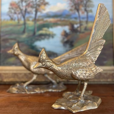 Free shipping within continental US - Pair of Mid-Century Solid Brass Toned Roadrunner Sculptures with Textured Detailing 