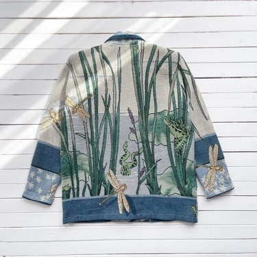 cottagecore jacket 90s vintage Painted Pony dragonfly frog blue woven tapestry coat 