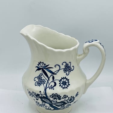 Vintage  Blue and White J & G Meakin Classic White Pitcher  "Nordic" Blue Onion Pattern- 32 oz -7" Tall 