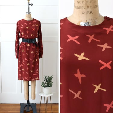 designer vintage 1980s Valentino studio silk dress • brick red abstract X pattern shift dress 