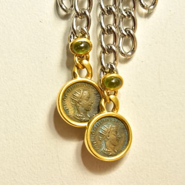 Vintage 18K Gold Ancient Greek Coin Dangle Earrings, Green Aventurine Accents, 750 Lever Back Earrings, Elizabeth Locke Style, 40mm 