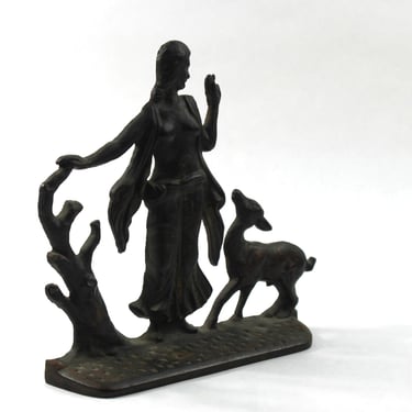 Art Deco Bronze Nude Lady with Fawn Door Stop 