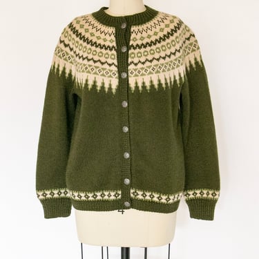 1960s Norwegian Sweater Wool Knit Ivory Cardigan L 