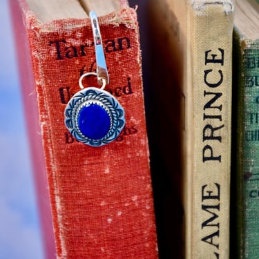 Native American Sterling Silver & Lapis Charm on Shepard Hook Bookmark Page Holder OOAK Marked 925 Navajo Artist Signed Nathan George 