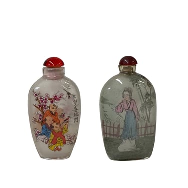 2 x Chinese Glass Snuff Bottle Oriental Scenery Mask Graphic ws2780S