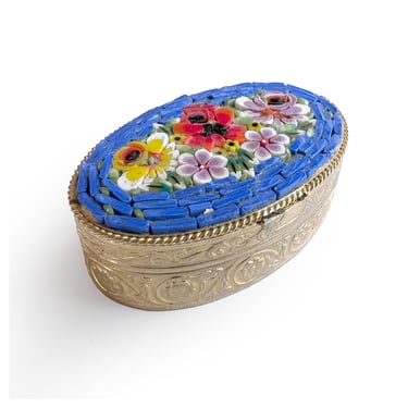 Italian Cornflower Blue Micro Mosaic Lidded Pill Box, Decorative Gold-tone Design, Red, Yellow and Pink Flowers, Venetian Glass Floral Lid 