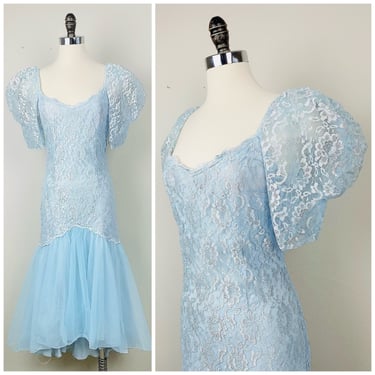 1980s Vintage Lace and Nylon Baby Blue Party Dress / 80s / Eighties / Puffed Sleeve Mermaid Wiggle Dress / Size Medium 