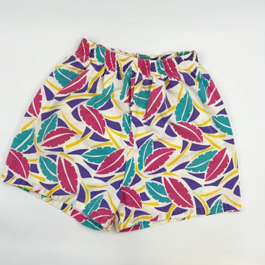 Vintage 80s High Waisted Childrens Shorts | Tropical Print | Elastic Waist | Size L 