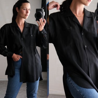 Vintage 80s Anne Klein Black Raw Silk Lapel Collar Button Up Blouse w/ High Slit Seams | 100% Silk | 1980s Anne Klein Designer Silk Shirt 